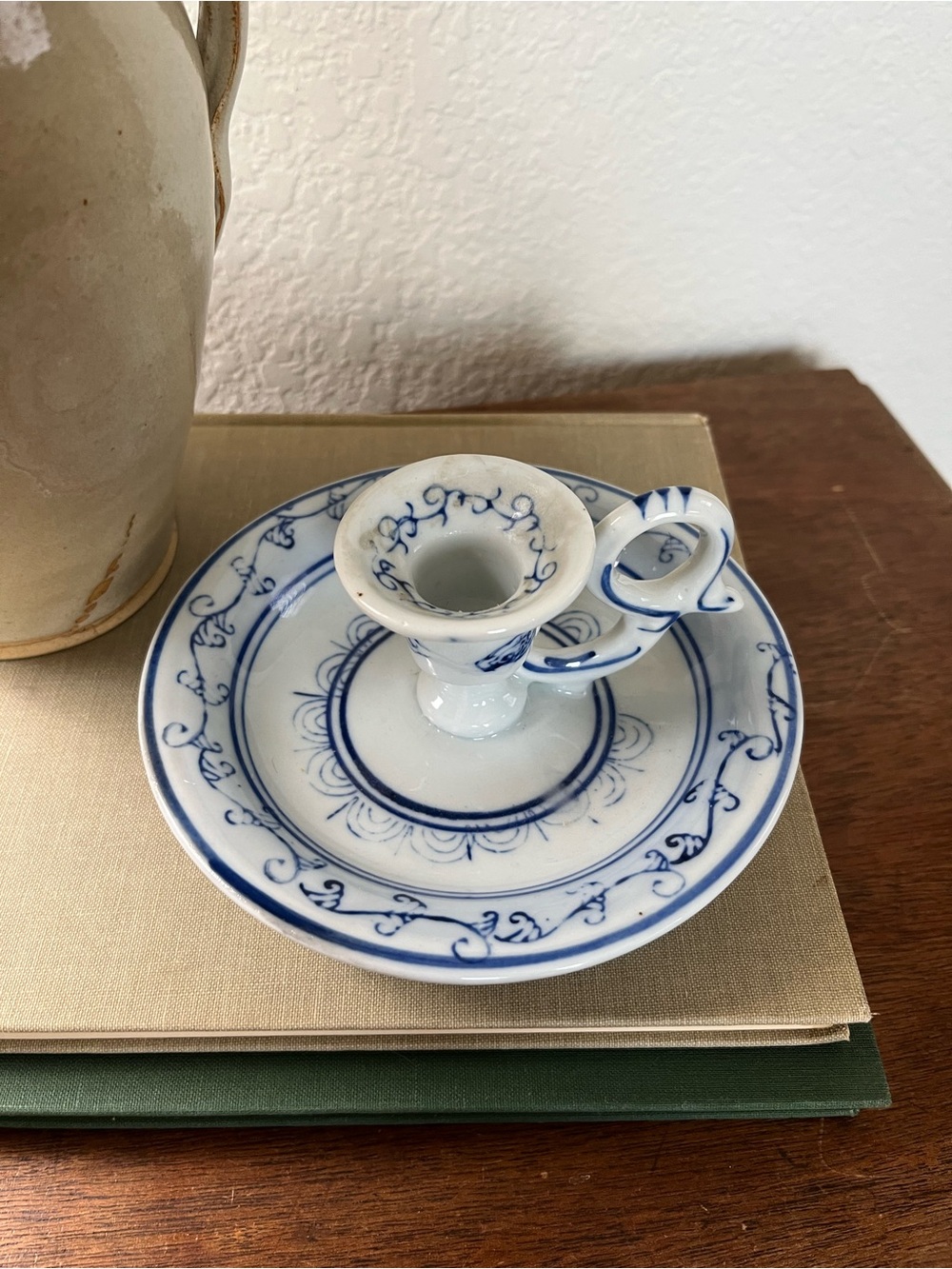 Vintage hand painted blue and white candlestick holder